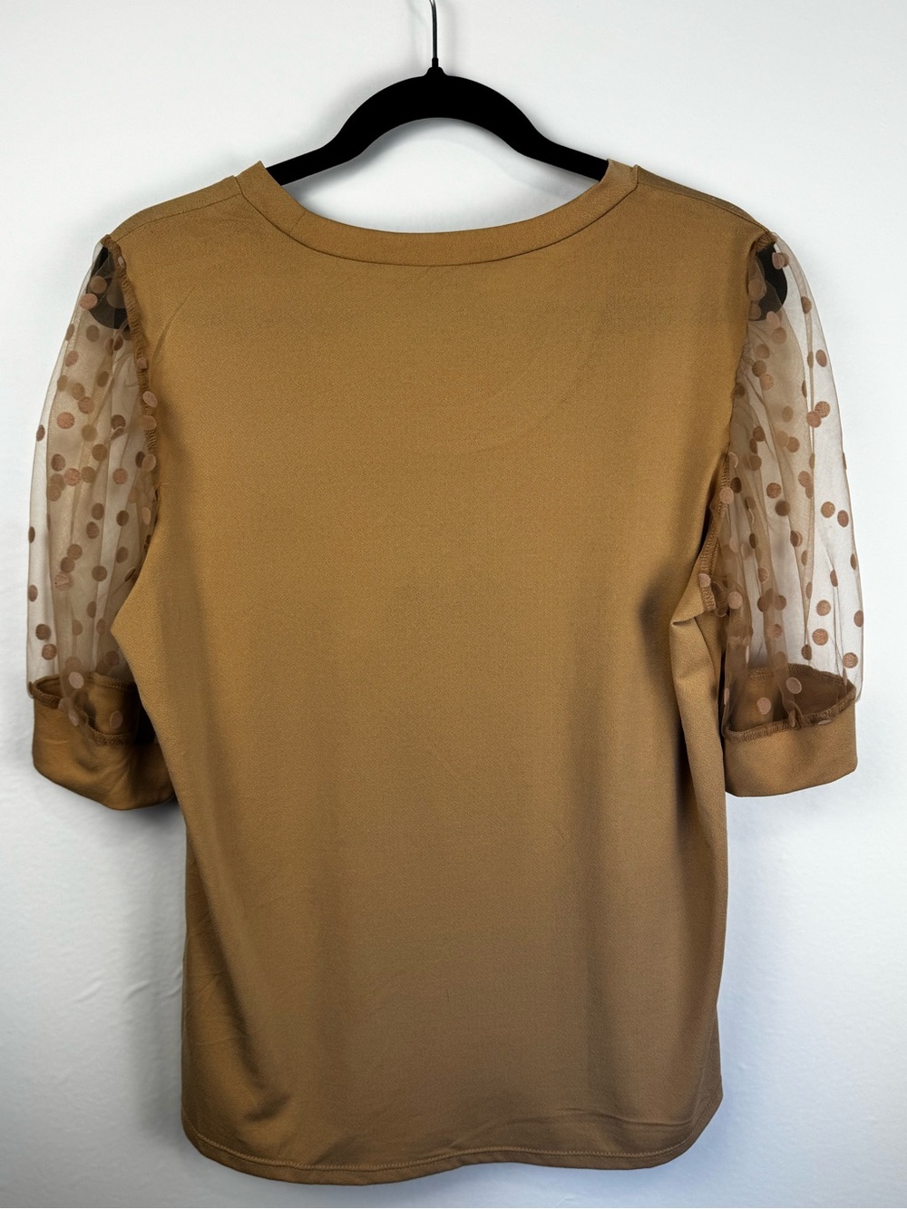 Alison Andrews SZ Large Camel Puff Sleeve Swiss Dot Mesh Top Sheer Sleeve Blouse - Picture 8 of 11